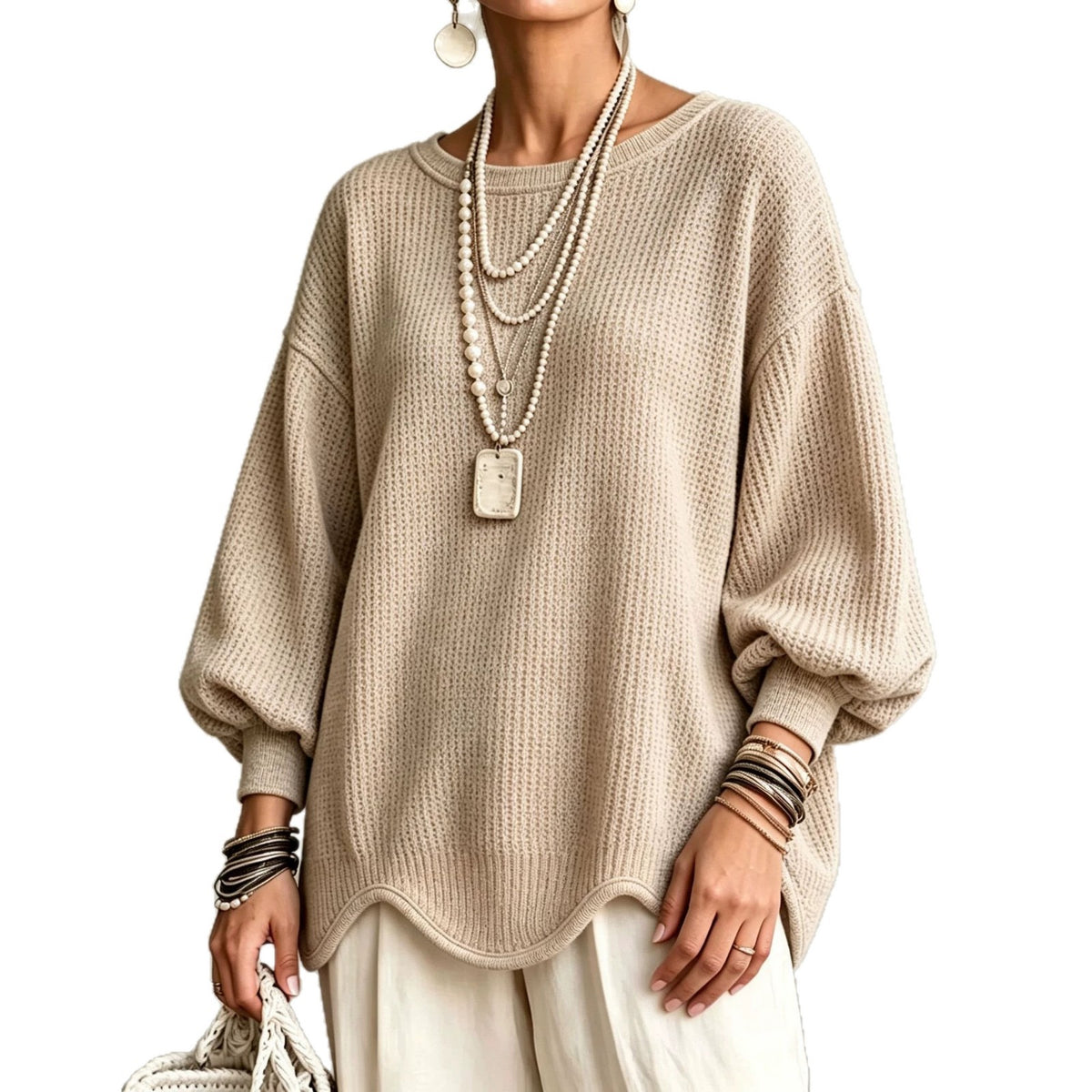 Women's top - Round neck, puff sleeves, and wavy hem
