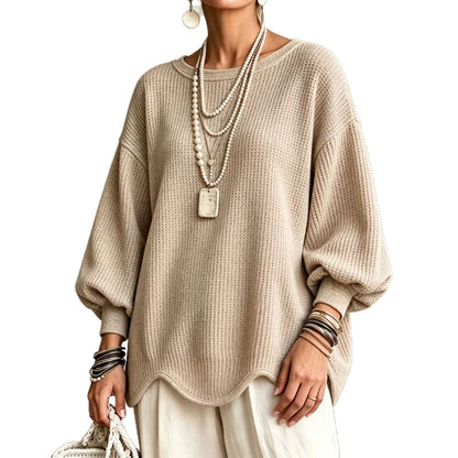 Women's top - Round neck, puff sleeves, and wavy hem