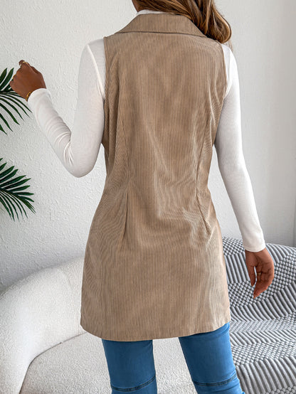 Veste-gilet longue en velours côtelé unie pour femme – Modèle décontracté à double boutonnage et poches, idéal pour jouer les superpositions