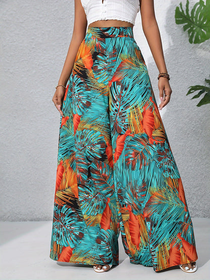 Pantalon large en coton imprimé floral bohème pour femmes - Taille haute, ceinture élastique, pantalon long de plage pour vacances d'été, style décontracté élégant