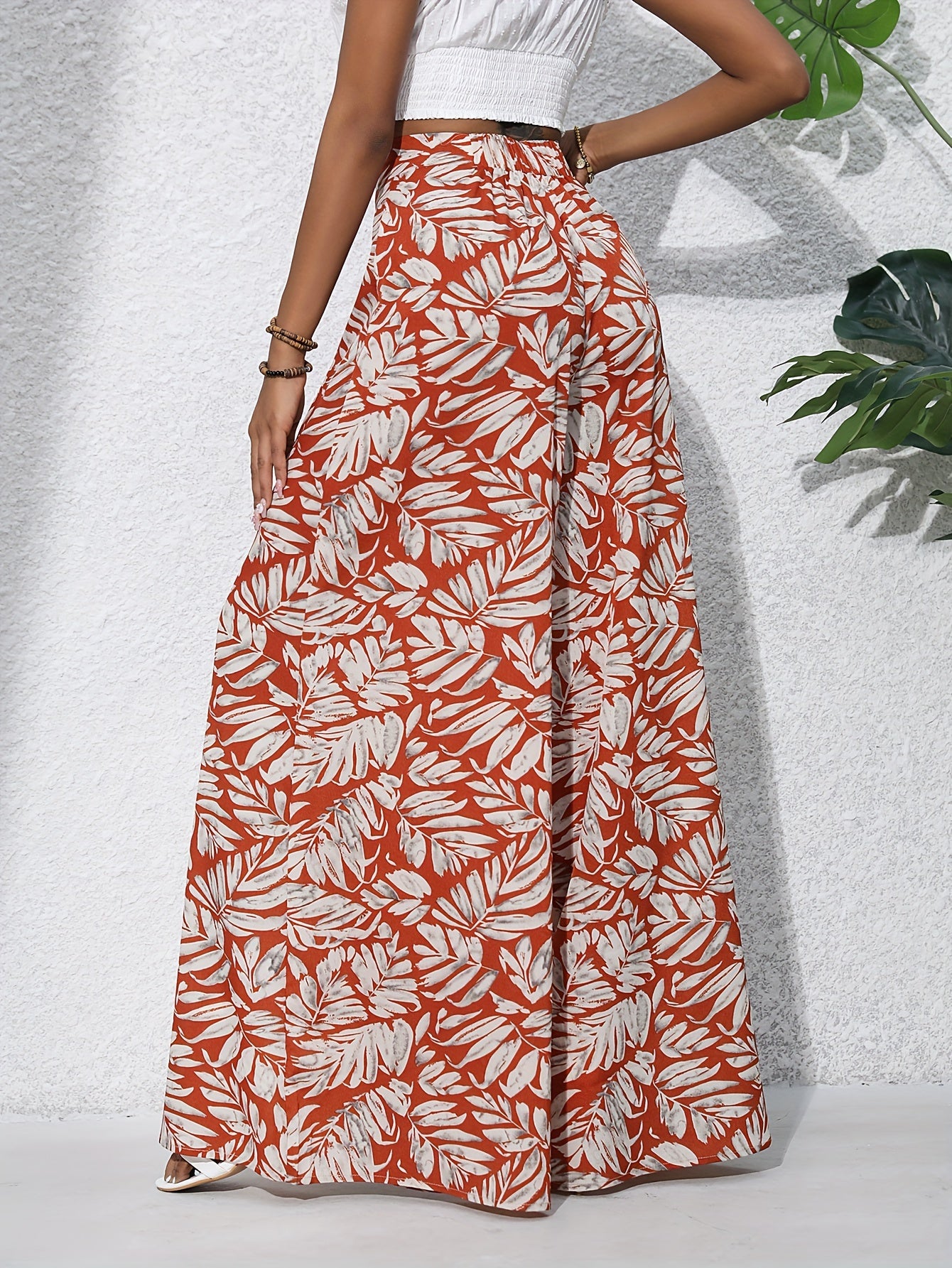 Pantalon large en coton imprimé floral bohème pour femmes - Taille haute, ceinture élastique, pantalon long de plage pour vacances d'été, style décontracté élégant