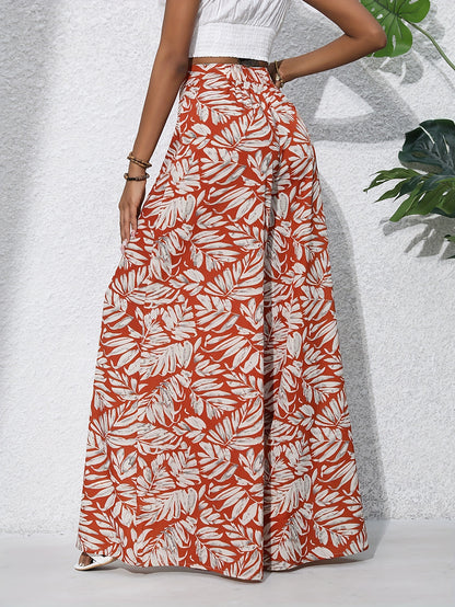 Pantalon large en coton imprimé floral bohème pour femmes - Taille haute, ceinture élastique, pantalon long de plage pour vacances d'été, style décontracté élégant