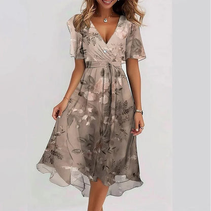 Robe Midi Femme Cache-Cœur à Fleurs – Style A-Line à Manches Courtes
