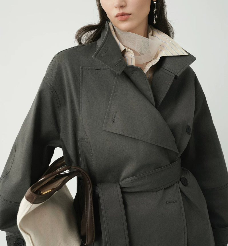 Women's Double-Breasted Stand-Collar Jacket – Elegant Fitted Style for Petite Sizes