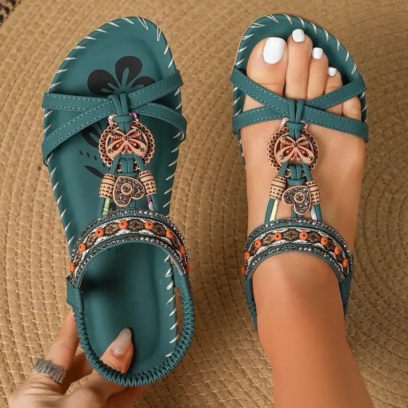 Sandales Élégantes Femme à Strass – Style Bohème Perlé et Brodé