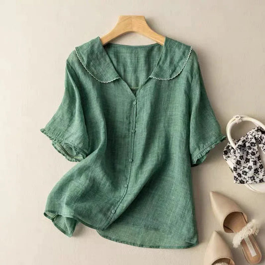 Blouse décontractée en lin aéré à col en V manches courtes femmes – Haut d’été léger respirant à coupe ample