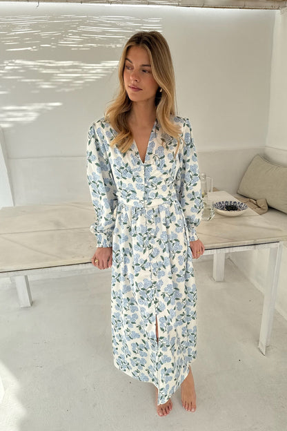 Robe midi fleurie femme – Imprimé hortensia, manches longues et boutons