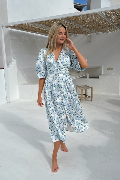 Robe midi fleurie femme – Imprimé hortensia, manches longues et boutons
