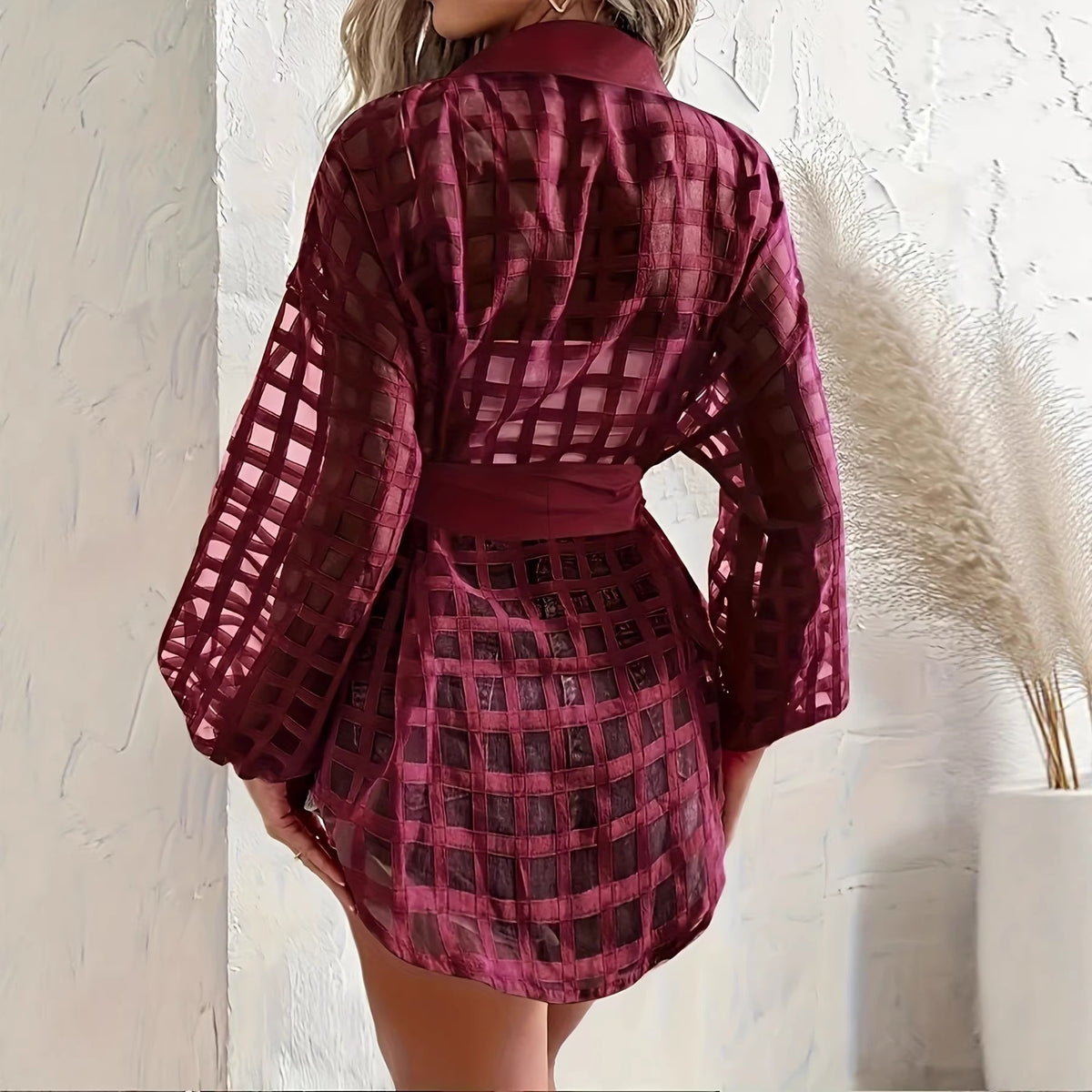 Camicetta da donna rosso vino con lacci che valorizzano la vita – Colletto con revers, maniche lunghe, stile chic