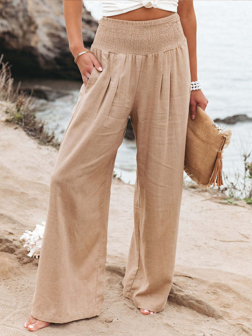 Pantalon en lin femme été – Taille élastique et coupe large fluide