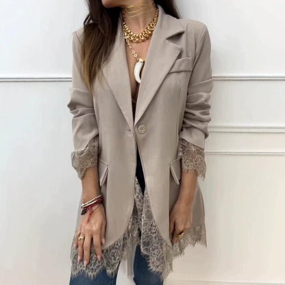 Women's Notched-Collar Blazer with Lace – Slim Fit, Elegant Patchwork Style