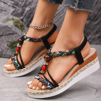 Sandales Femme à Talon Compensé Bohème – Chaussures d’Été Confortables à Petit Talon