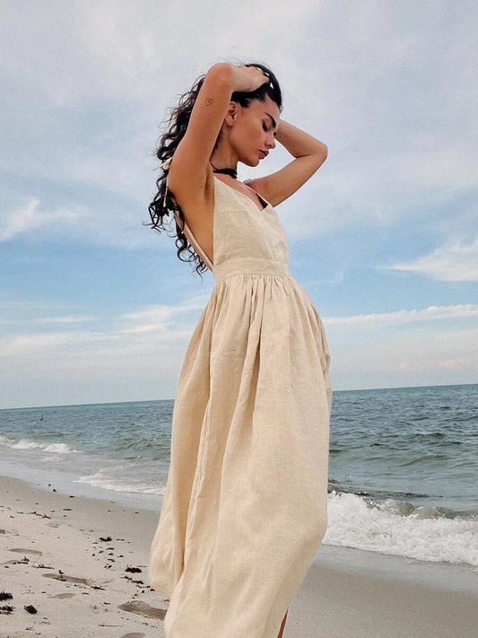 Robe d’Été Élégante en Lin Femme – Coupe Évasée Maxi Sans Manches Dos Nu