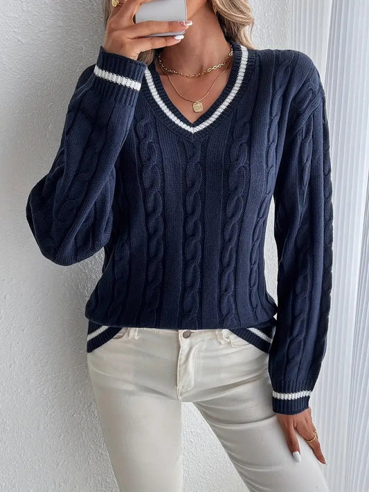 Pull femme cable raye col V - Doux et confortable