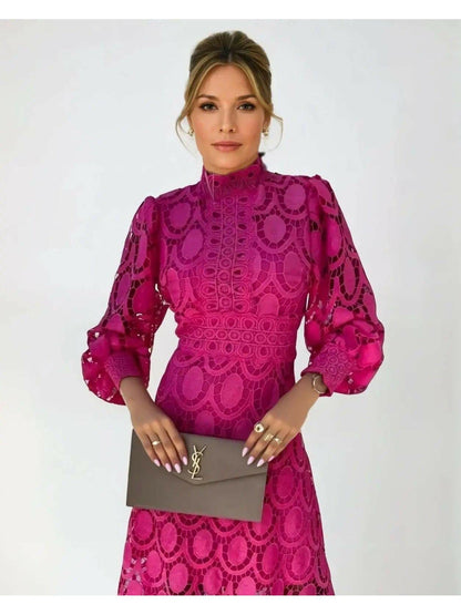 Robe midi élégante en dentelle française pour femmes – robe évasée à manches longues