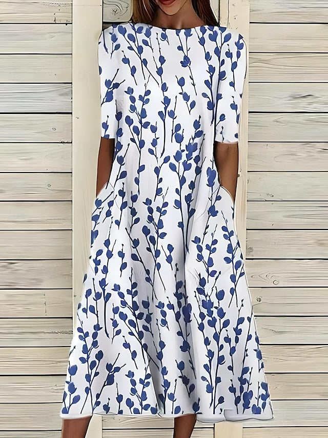 Robe midi d'été à col rond et imprimé floral côtier