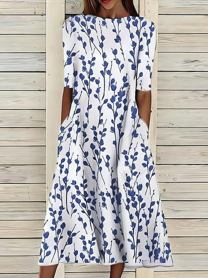 Robe midi d'été à col rond et imprimé floral côtier