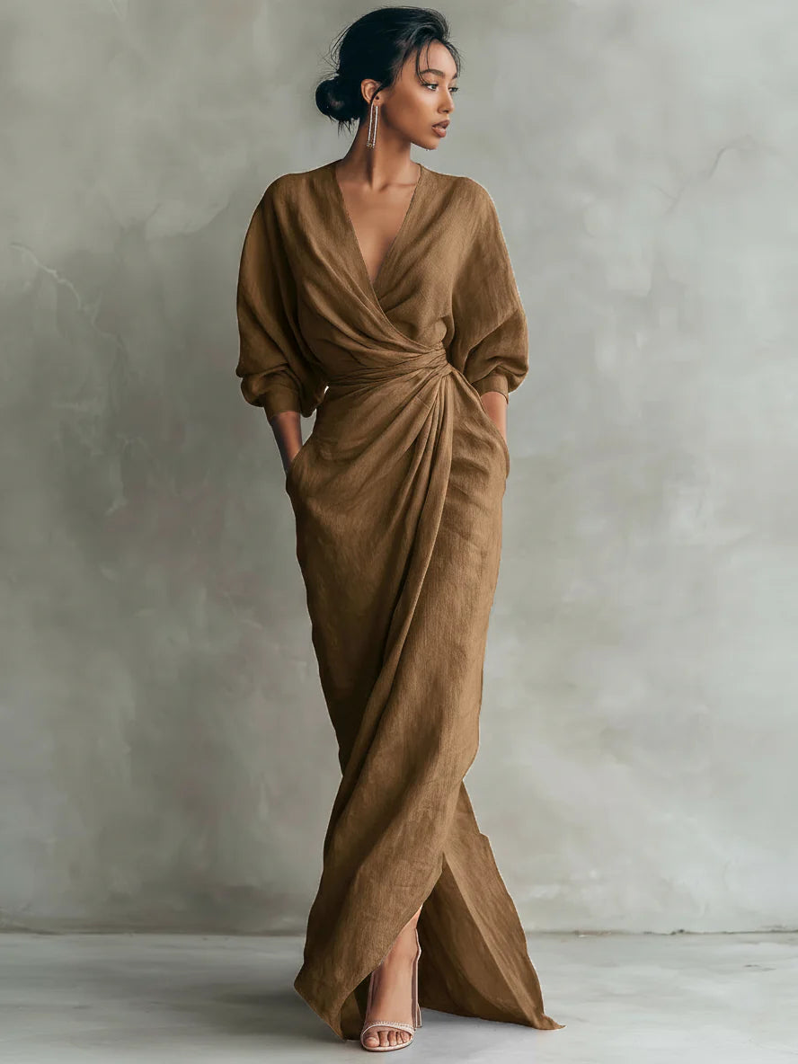 Robe maxi drapée femme à taille marquée – Élégance fluide et féminine