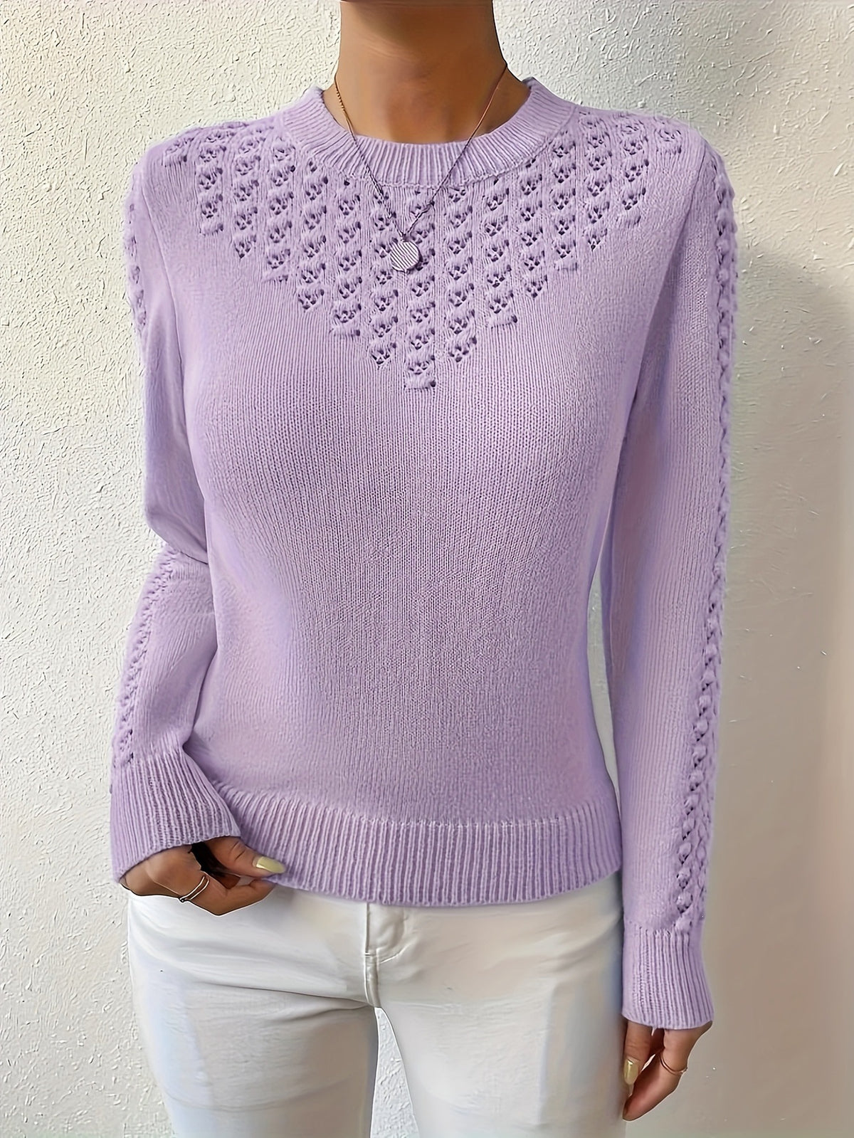 Women's openwork crew-neck sweater - Soft and elegant