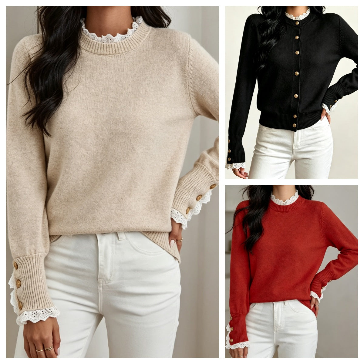 Jersey de punto de encaje para mujer con cuello redondo - Elegante y cómodo