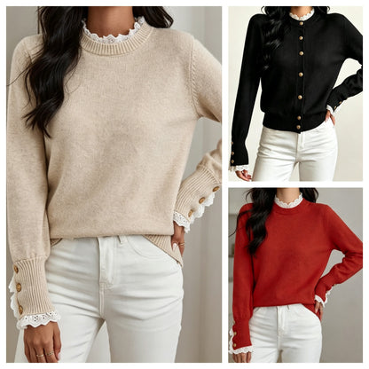 Jersey de punto de encaje para mujer con cuello redondo - Elegante y cómodo