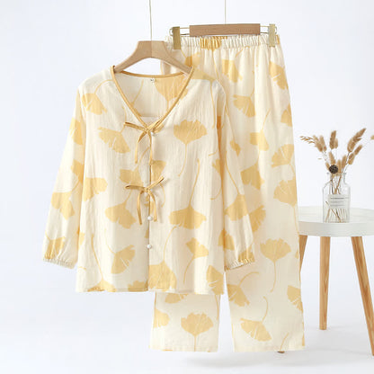 Pyjama Décontracté Élégant Femme à Feuilles de Ginkgo – Ensemble 2 Pièces Léger et Doux en Coton avec Noeud Décoratif et Coupe Ample
