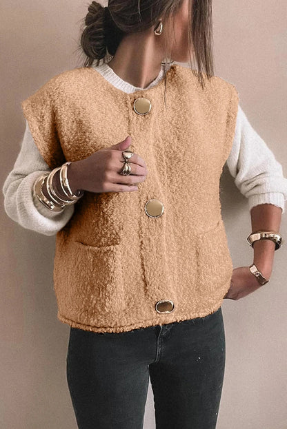 Gilet teddy beige premium pour femme – Gilet confortable à boutons