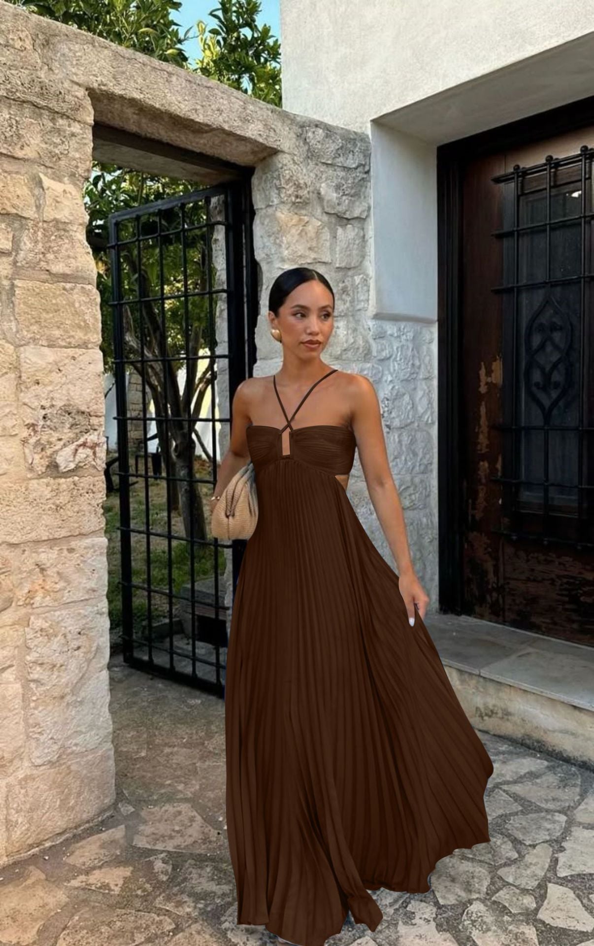 Vestido plisado sin mangas para mujer, de talle alto y espalda descubierta