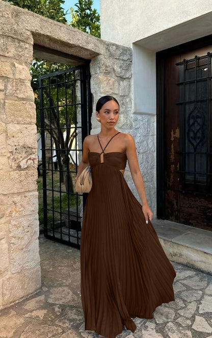Vestido plisado sin mangas para mujer, de talle alto y espalda descubierta