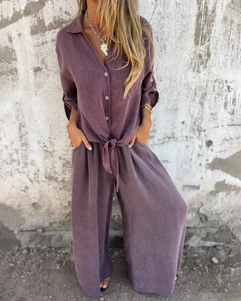 Ensemble Deux-Pièces Femme Décontracté et Tendance – Chemise à Manches et Pantalon Large Confortable