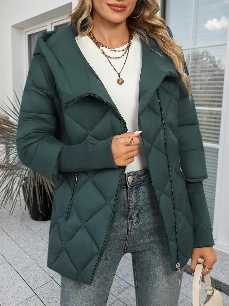 Women’s Hooded Puffer Jacket with Zip Closure – Chic and Warm Patchwork Style for Winter