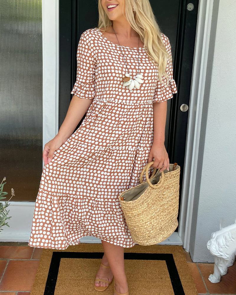 Robe midi pour femme à col rond et imprimé à pois