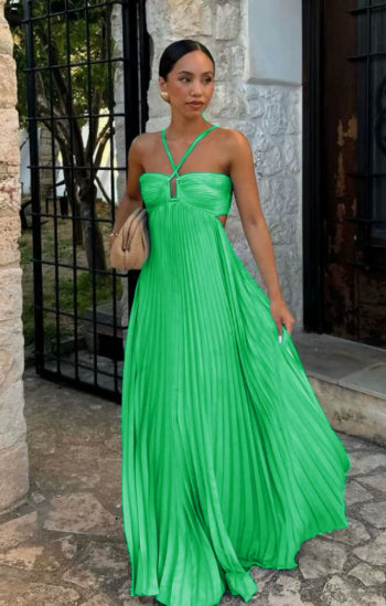 Vestido plisado sin mangas para mujer, de talle alto y espalda descubierta