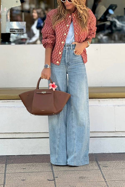 Veste Rouge Vintage Imprimée Femme – Style Décontracté Léger à Boutons