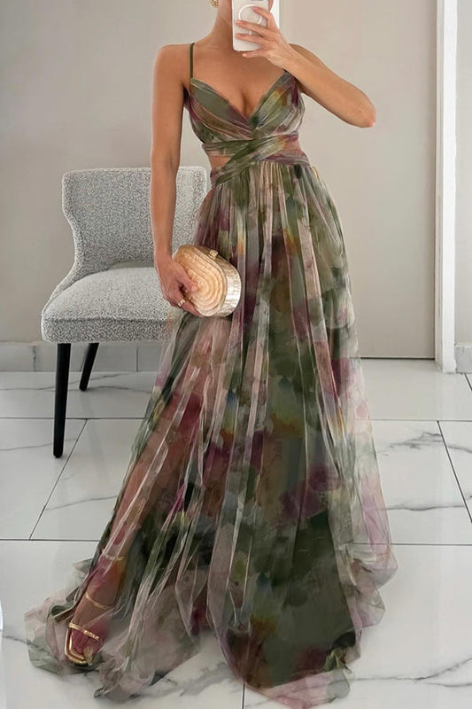 Robe longue élégante avec imprimé et laçage raffiné pour un look chic