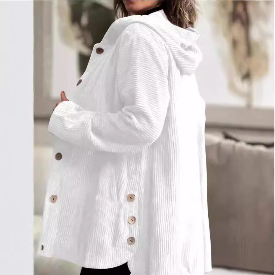 Veste Femme Élégante en Velours Côtelé à Capuche – Pull Boutonné Mi-Long Décontracté