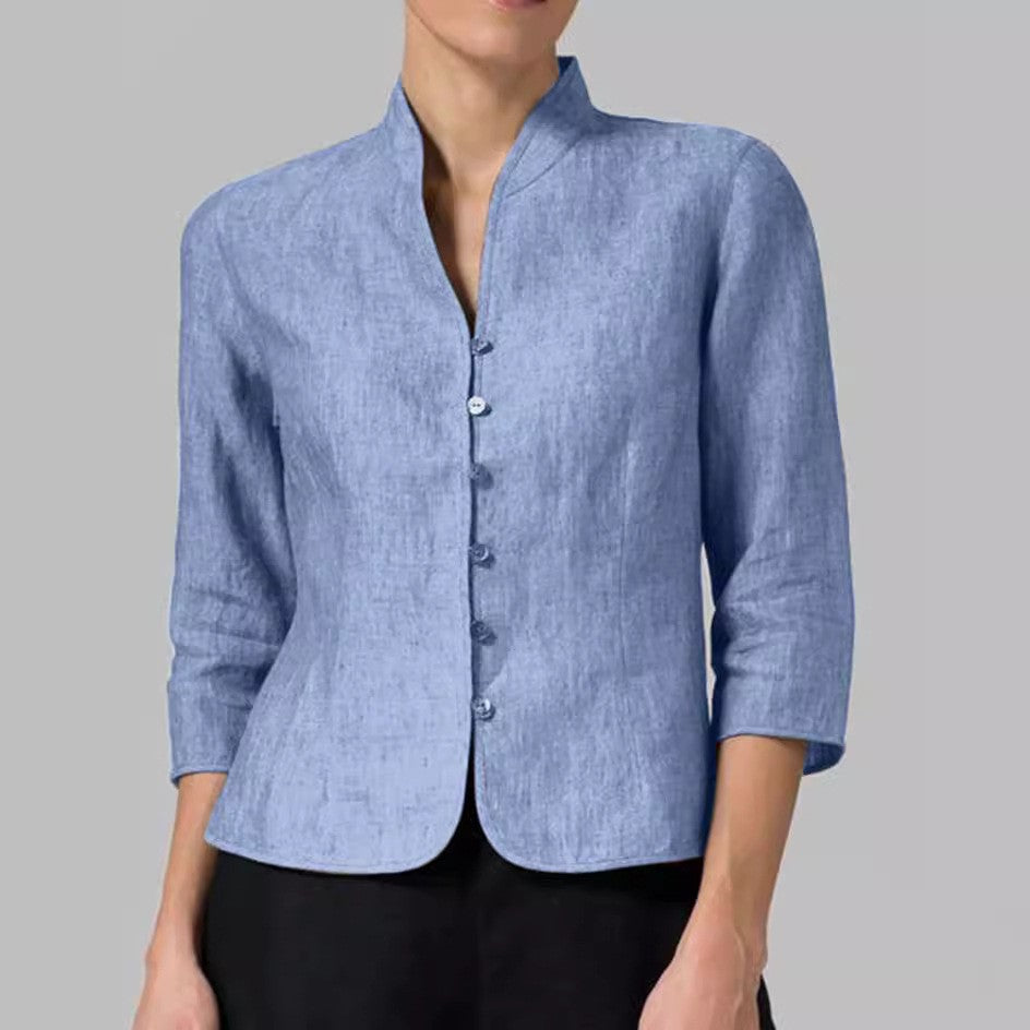 Blouse Ajustée Élégante à Boutons Femme – Col Montant en V avec Manches 3/4