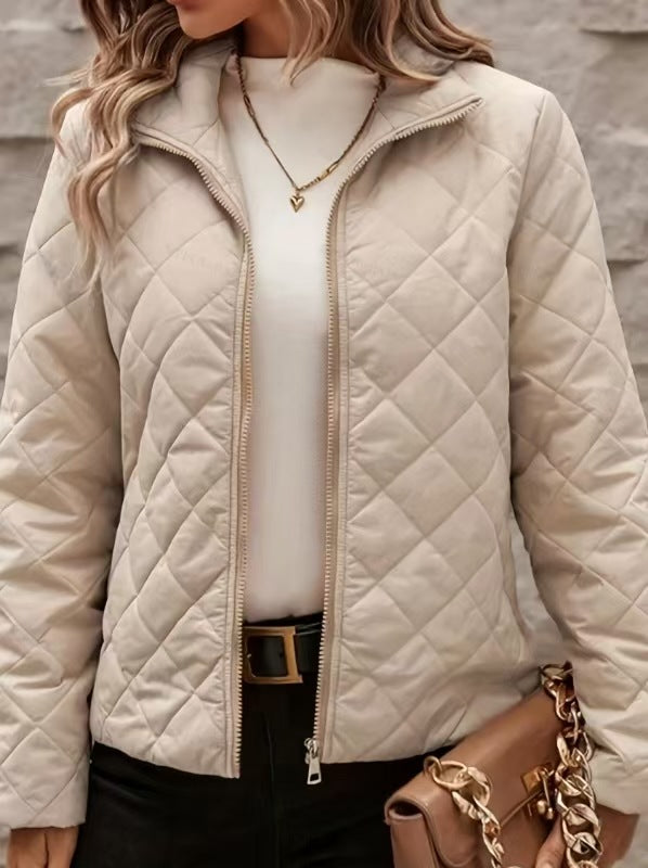 Women's Diamond-Pattern Coat with Long Sleeves – Solid-Color Style, Notched Lapel, Relaxed Fit