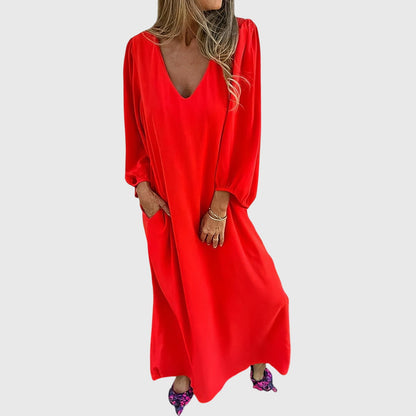 Robe Midi Bohème Col V avec Poches – Confort Décontracté