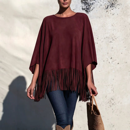 Chemisier femme ample col rond a franges - Fluide et original