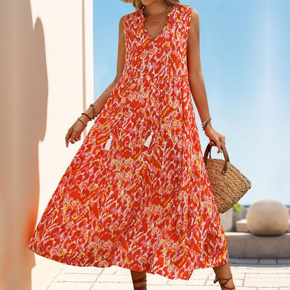 Robe Maxi Sans Manches à Imprimé Abstrait pour Femme – Style Décontracté à Volants pour Vacances