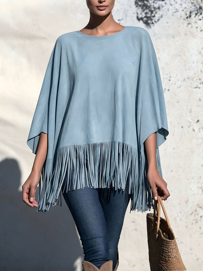 Chemisier femme ample col rond a franges - Fluide et original