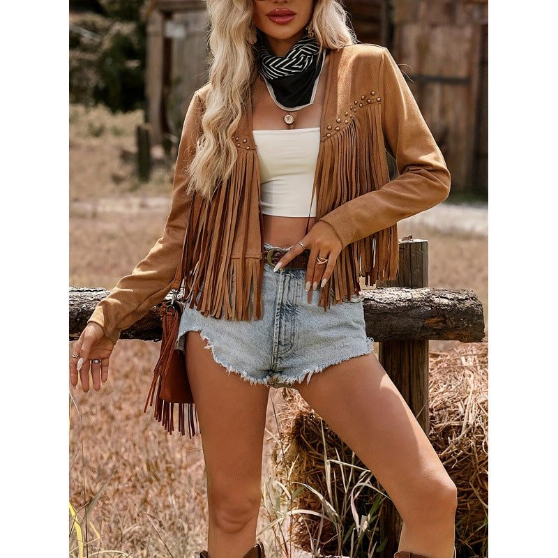 Veste femme rétro style ethnique à franges