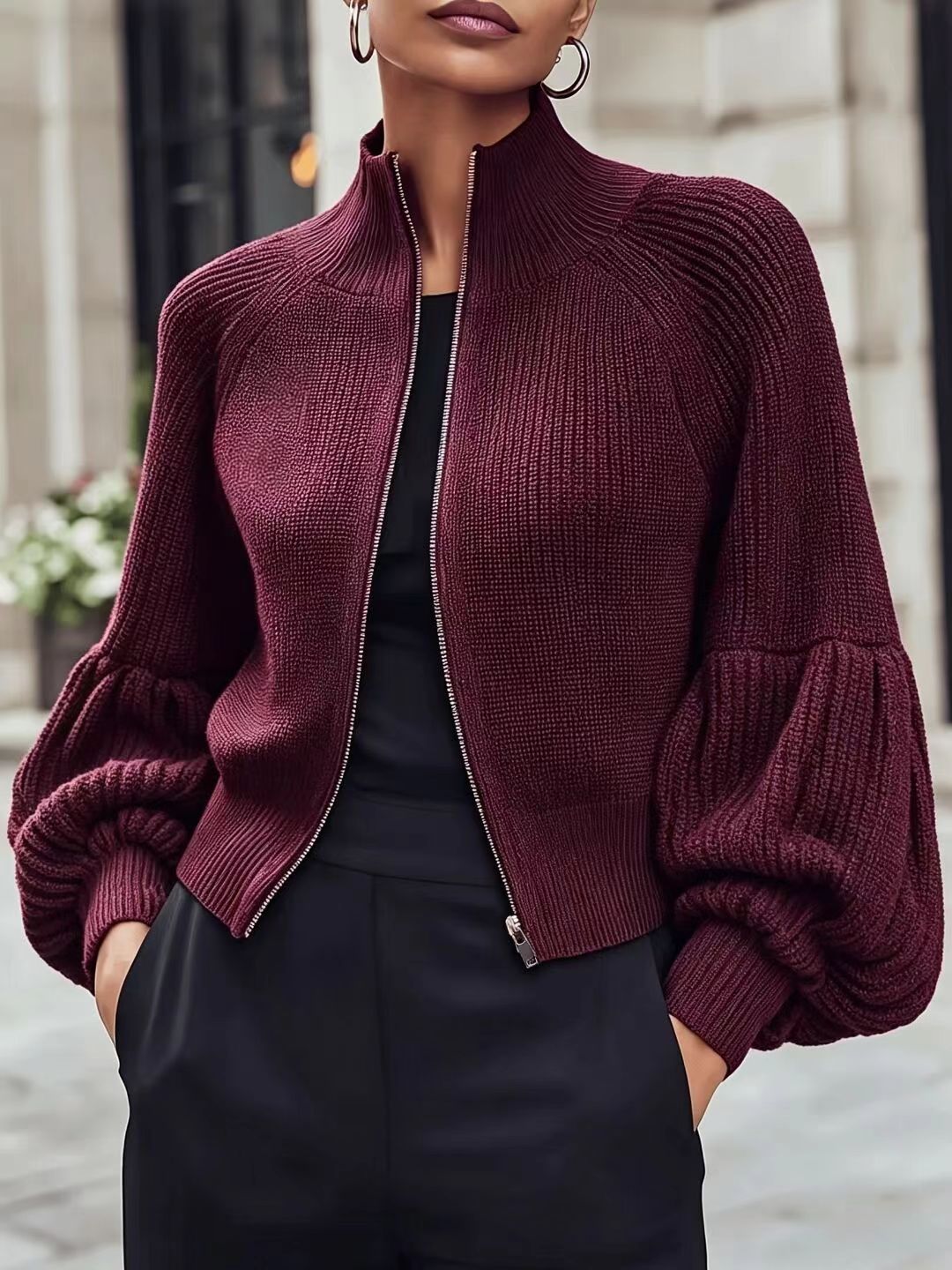 Women's fuzzy lantern-sleeve sweater - Soft and textured