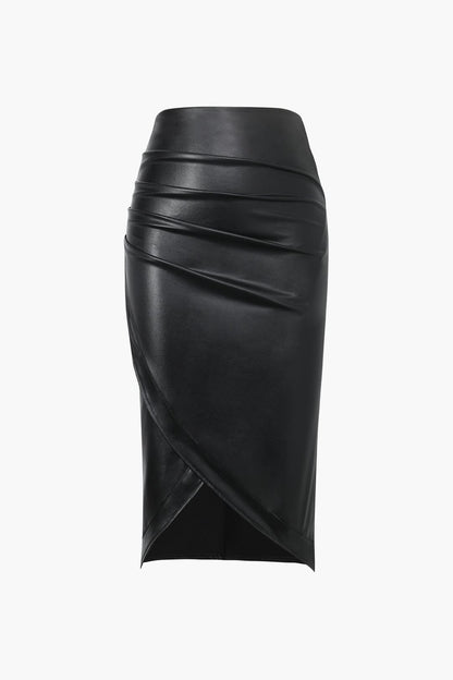 Jupe Midi en Faux Cuir pour Femme – Bodycon Élégant Asymétrique à Motif Tressé