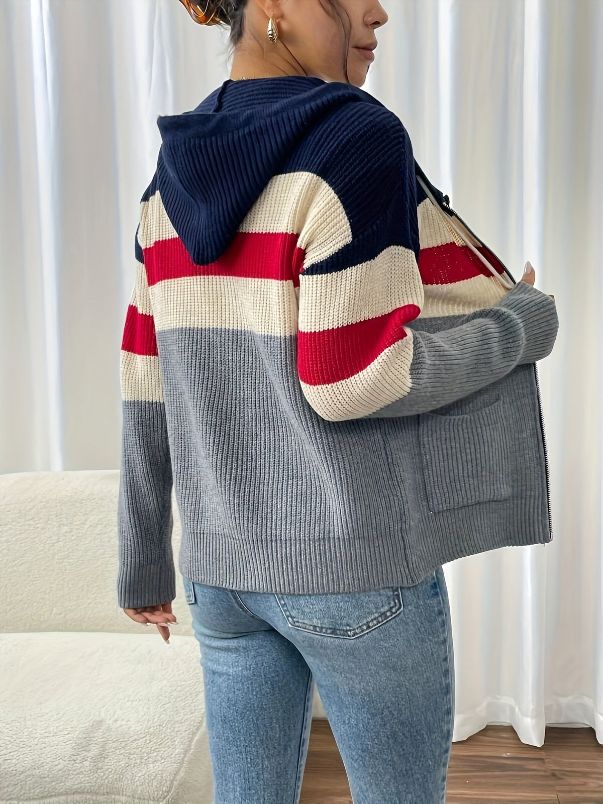 Women's zip-up color-block hooded cardigan - Comfortable and modern