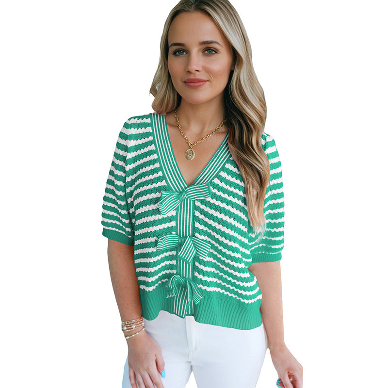 Soft and Original Short-Sleeve V-Neck Pullover with Bows