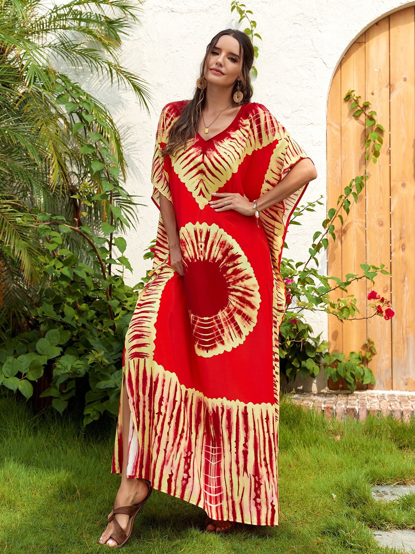 Vestido largo estampado para mujer con cuello en V - Ligero y veraniego