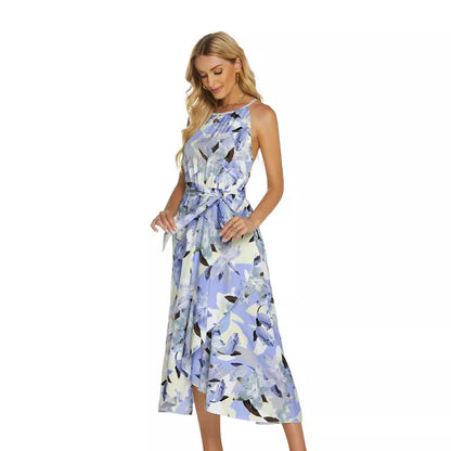Robe Midi Élégante à Col Halter pour Femme – Imprimé Floral Satinée Sans Manches