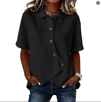Camicia da donna tinta unita con chiusura asimmetrica e maniche corte